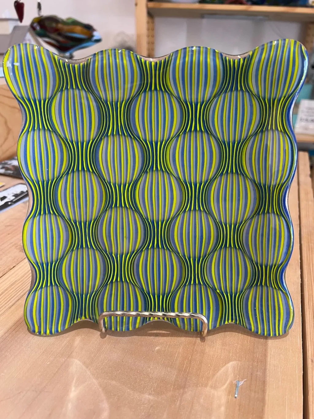 Yellow, Blue, & Green Circle Illusion Plate - Fused Glass