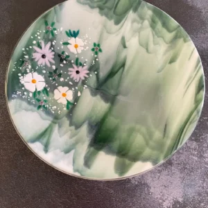 15″ Green and White Bowl with Pink and White Flowers - Fused Glass