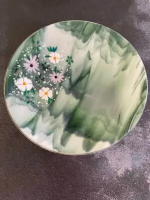 15" Green and White Bowl with Pink and White Flowers