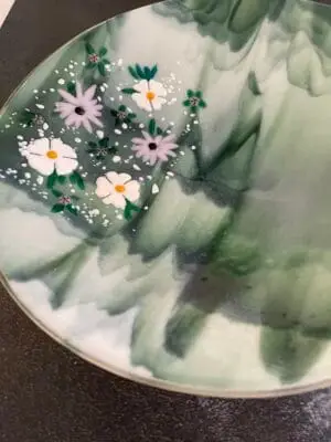 15" Green and White Bowl with Pink and White Flowers - Image 2