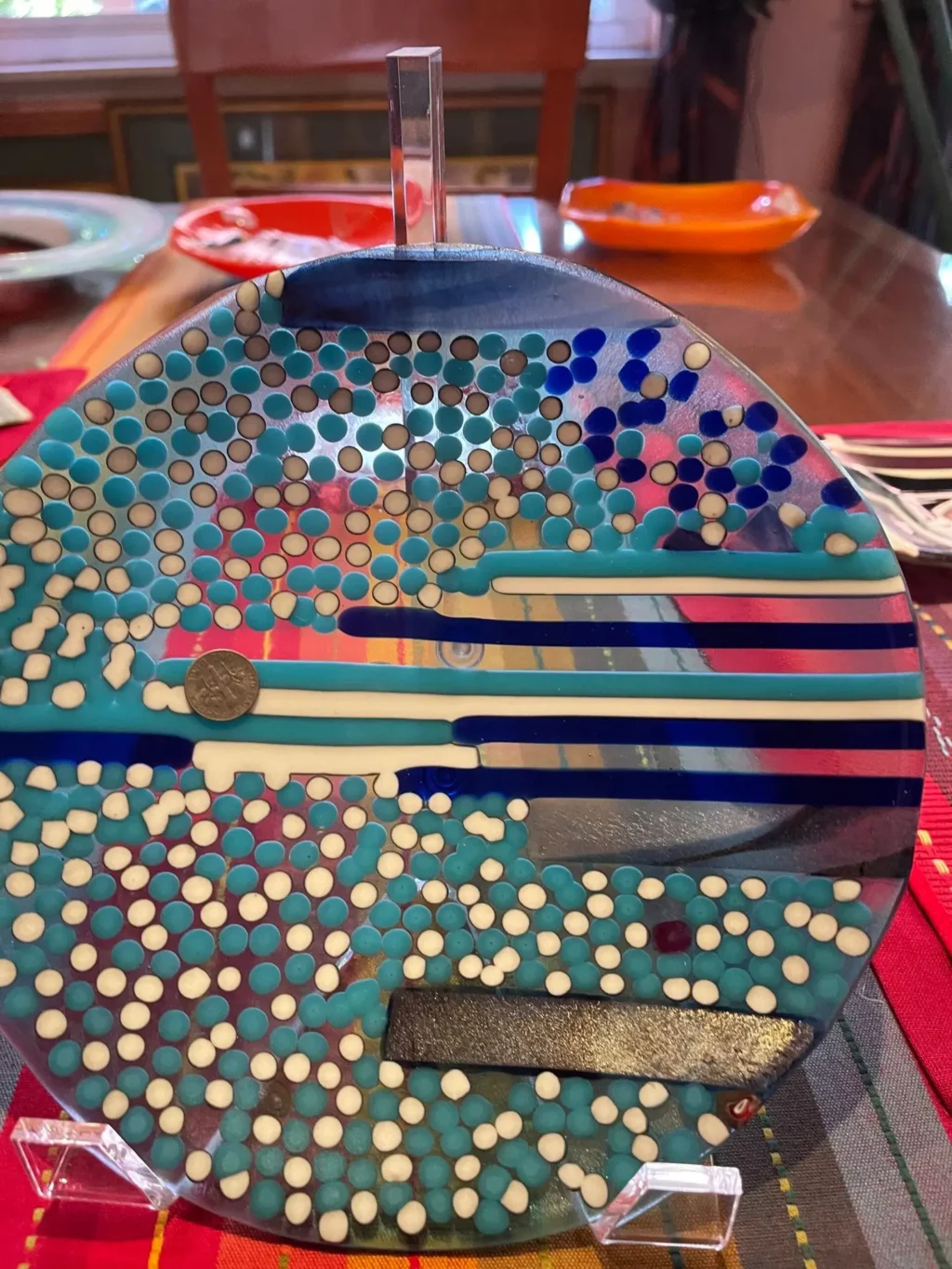 Blue Dots and Lines Platter 9″ - Fused Glass