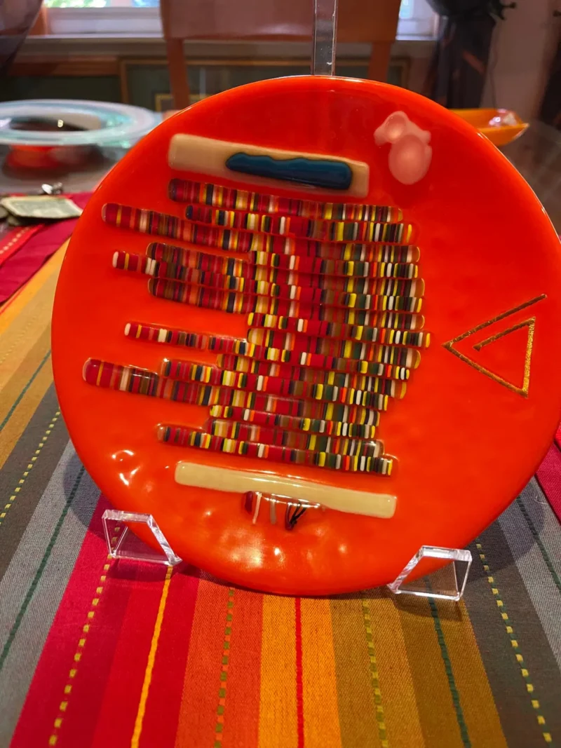 Multi-Color Strips Dance On This Orange Art Piece - Fused Glass