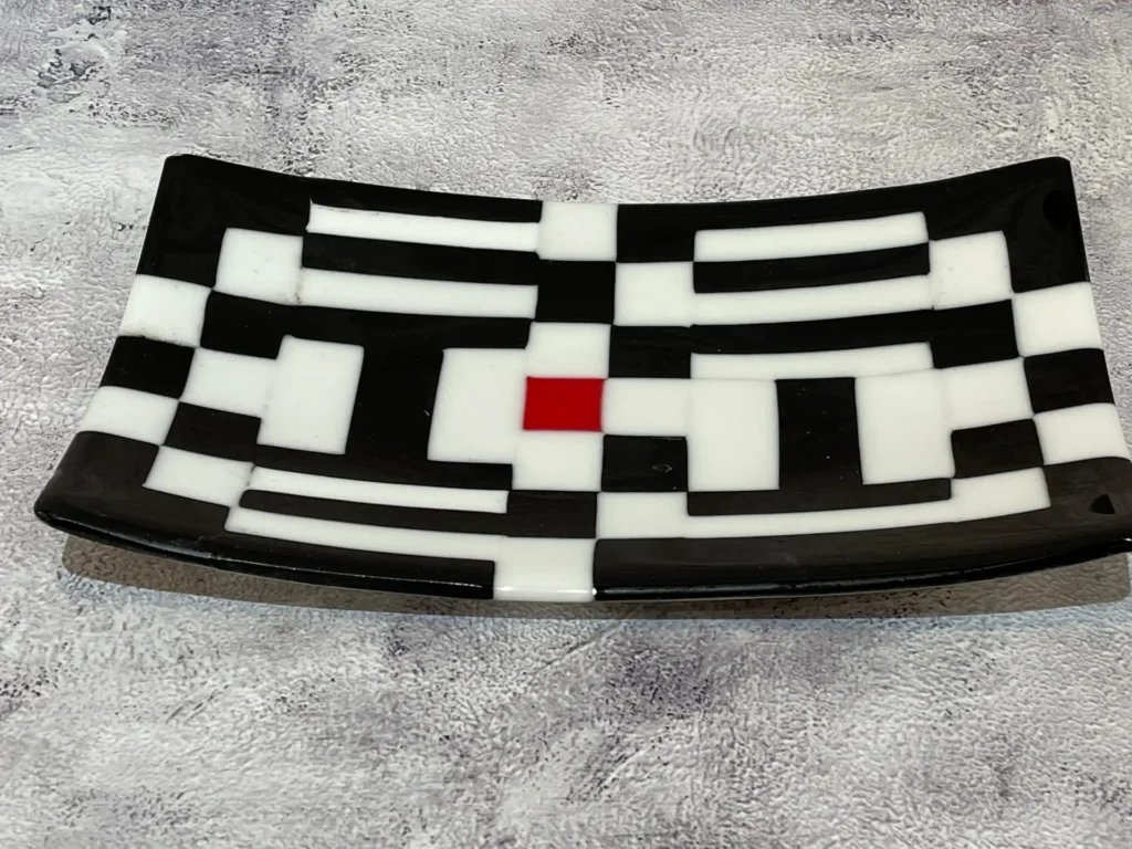 Geometric Black and White with a Red Square in the Middle 7″ x 12″ Tray - Fused Glass