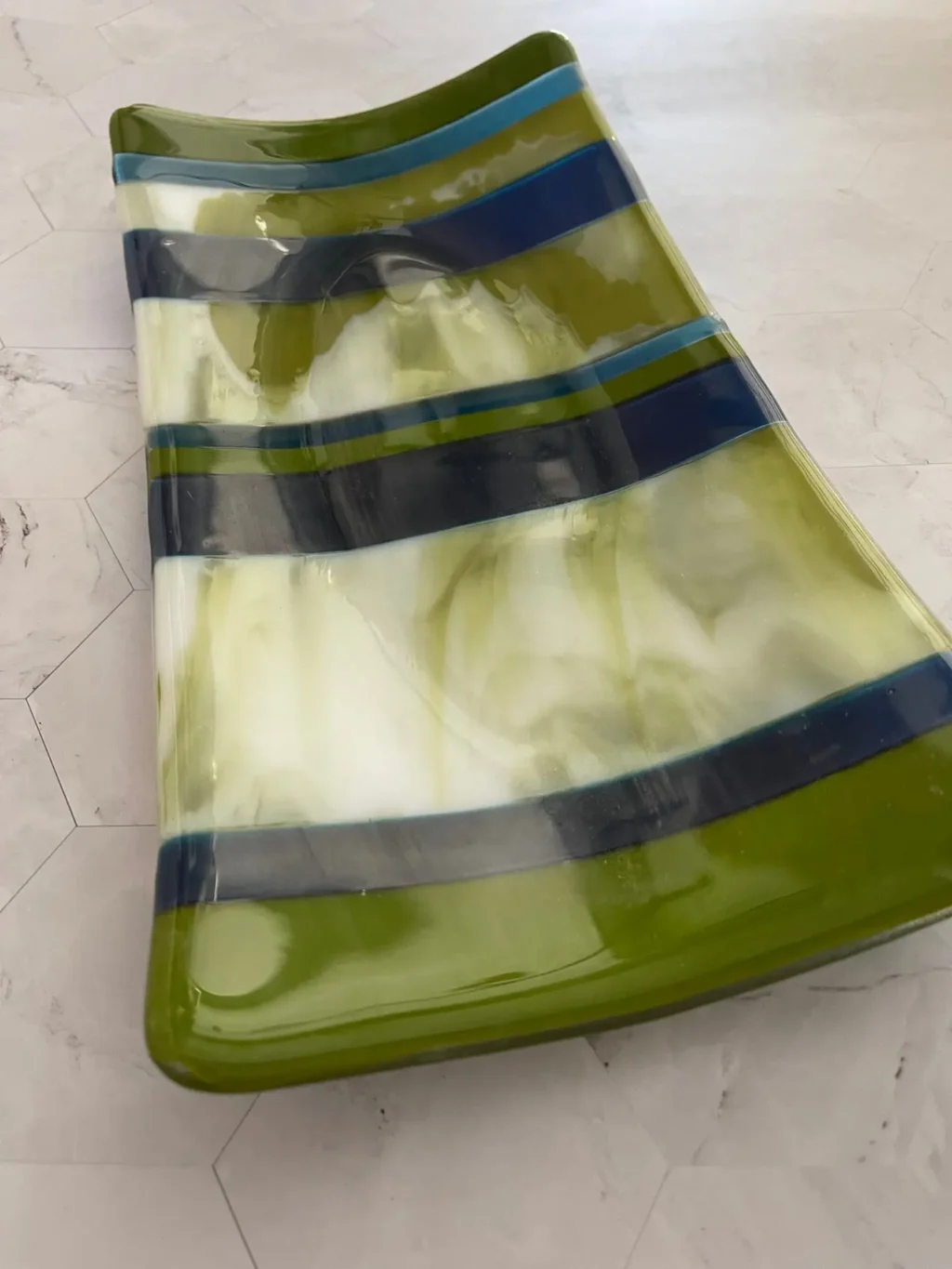 7 1/2″ x 15″ Green and Blue Strips Tray - Fused Glass