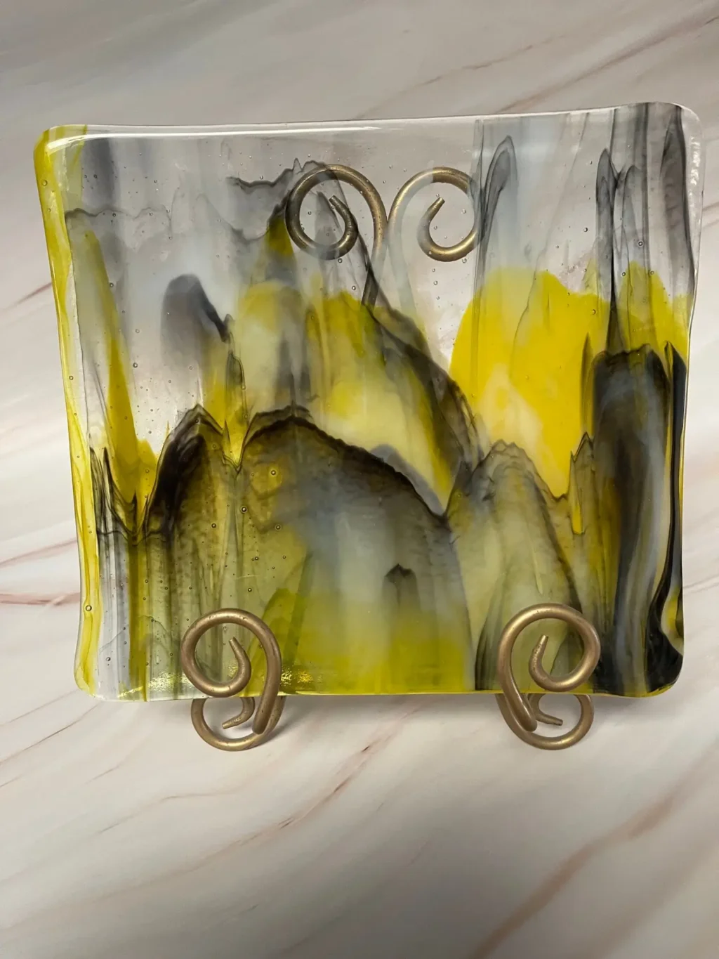 Yellow and Black Design on Clear Glass Plate 8 1/2" x 8" - Image 3