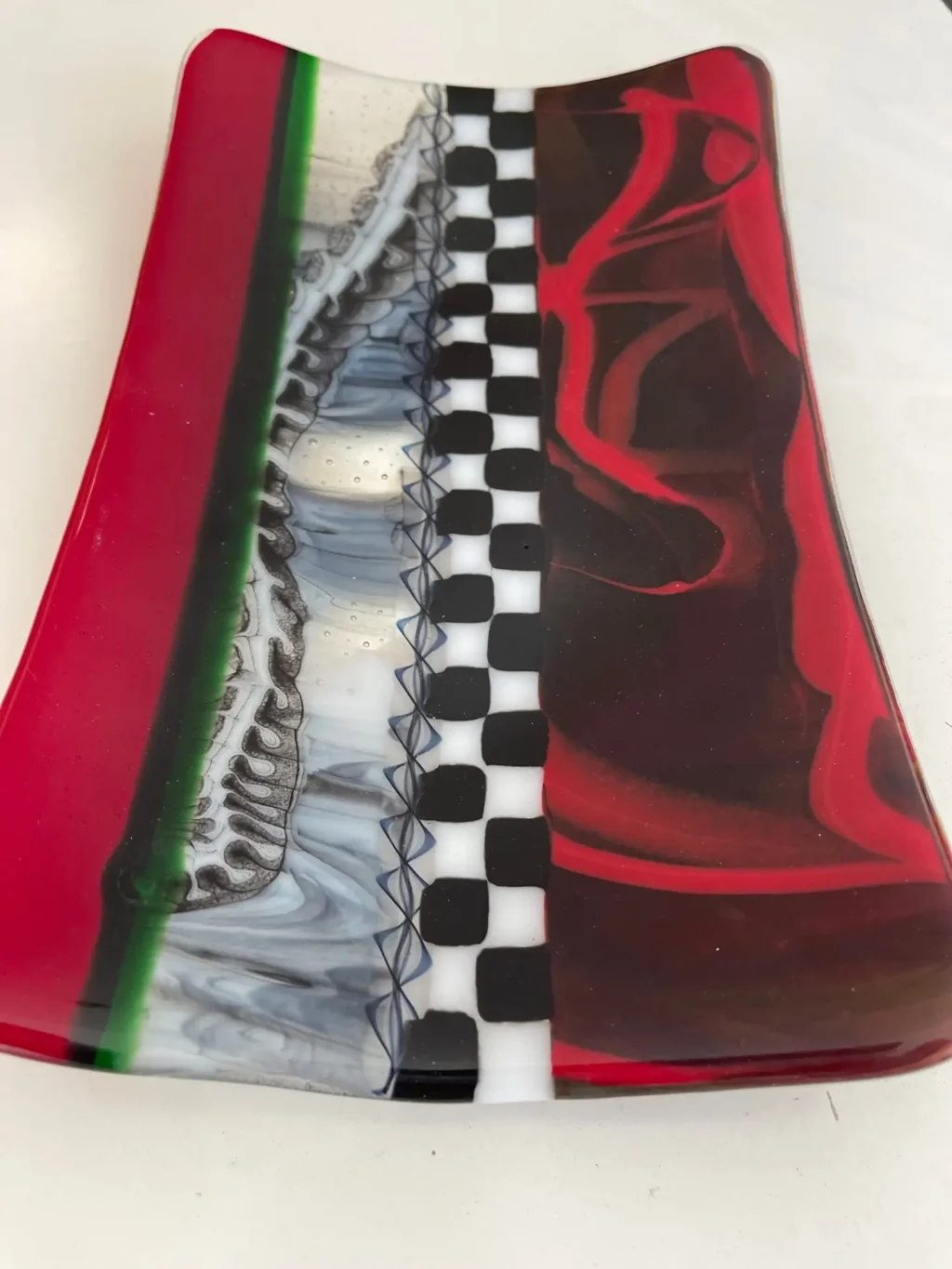 Red, Black, White and Green Tray 7″ x 12″ - Fused Glass