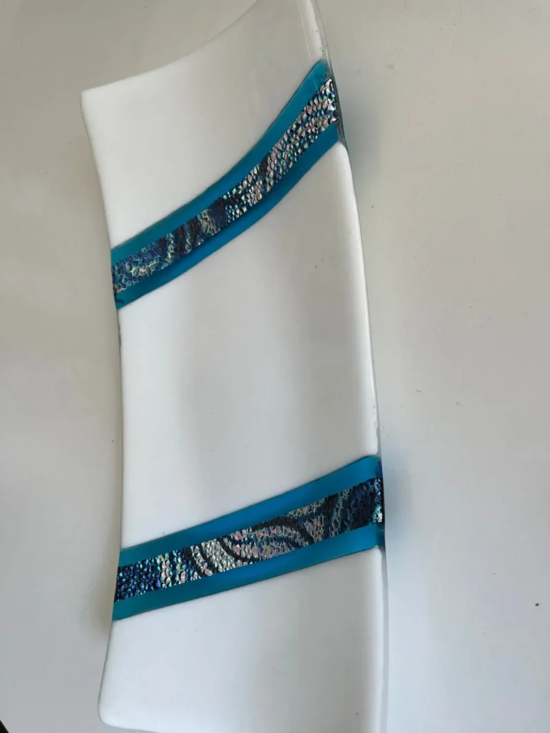 White and Blue with strips of Dichroic Designer Tray 7″ x 15″ - Fused Glass