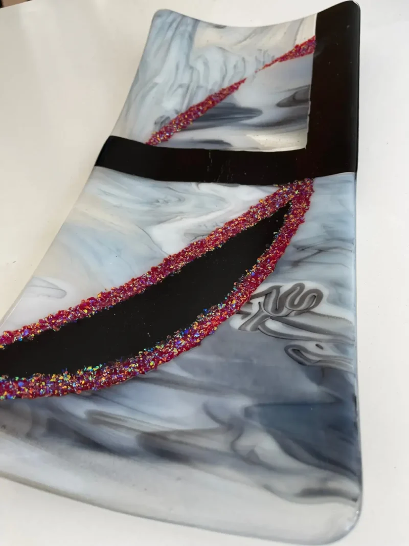 White and Black Swirl Base with Red Iridescent Design Tray 7″ x 15″ - Fused Glass