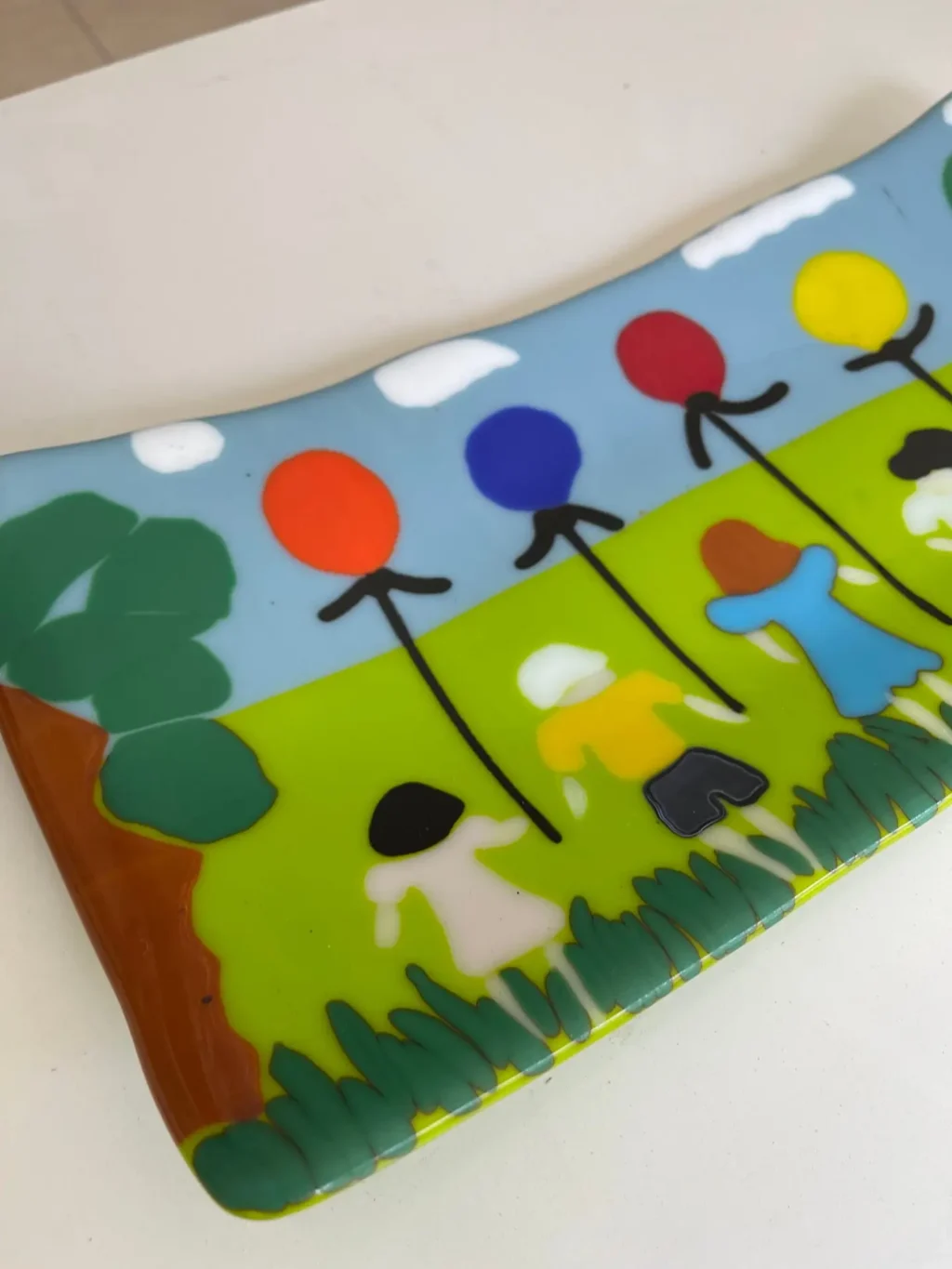 Kids with Balloons Tray 7″ x 15″ - Fused Glass