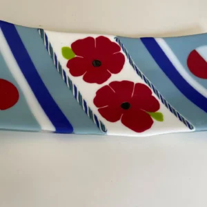 Blue and White with Red Flowers Tray 15″ x 7″ - Fused Glass