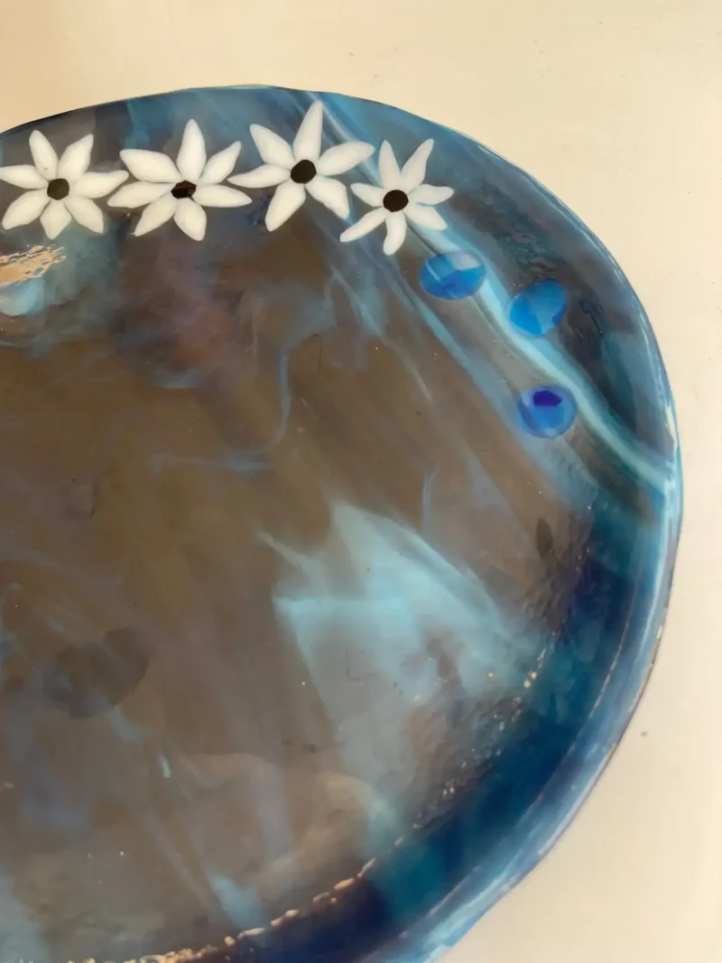 Copper Blue and White Tray with Daisies 11″ - Fused Glass