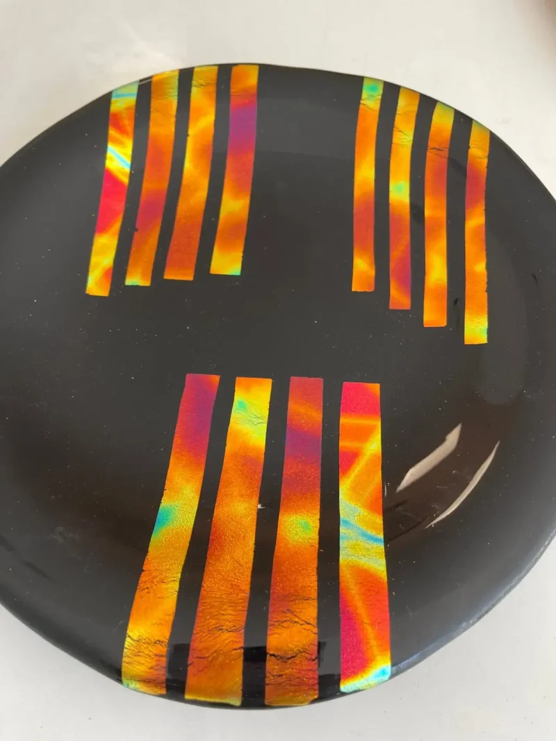 Black Glass Adorned with Colorful Dichroic Strips 9" Round Tray - Image 2
