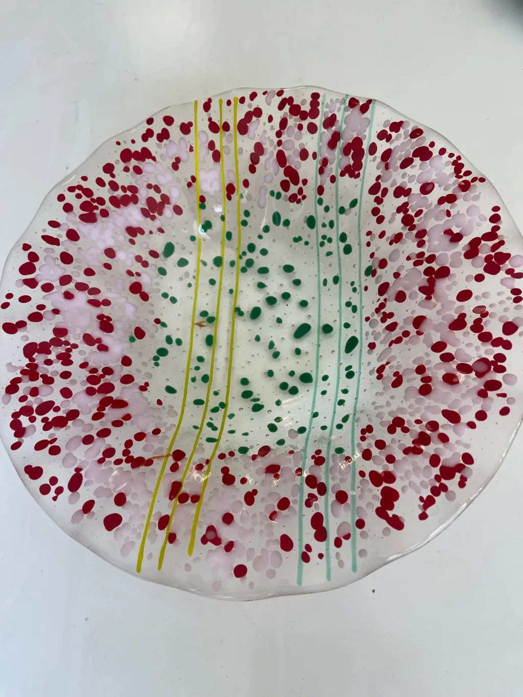 Clear Bowl with Red and Green Design 11″ - Fused Glass