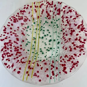 Clear Bowl with Red and Green Design 11″ - Fused Glass