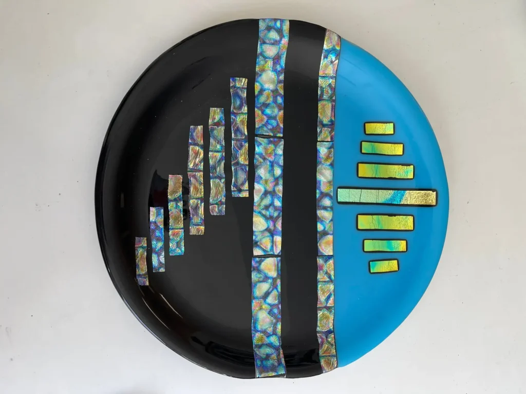 Black, Blue and Dichroic Stripe Tray 12″ - Fused Glass