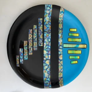 Black, Blue and Dichroic Stripe Tray 12″ - Fused Glass