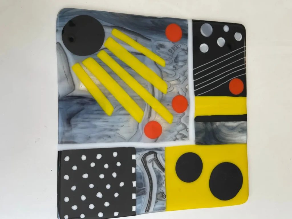 Yellow, Black, White, and Red 12″ x 12″ Art Piece - Fused Glass