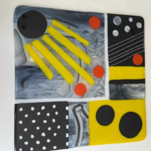 Yellow, Black, White, and Red 12″ x 12″ Art Piece - Fused Glass