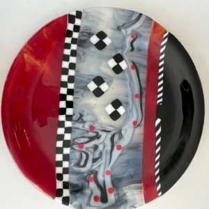 Red, Black and White with Racing Checkerboard Tray 12″ Round - Fused Glass