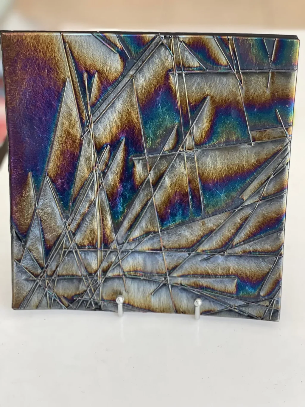 Colorful Iridescent Plate with Strips of Glass 12" x 12" - Image 3