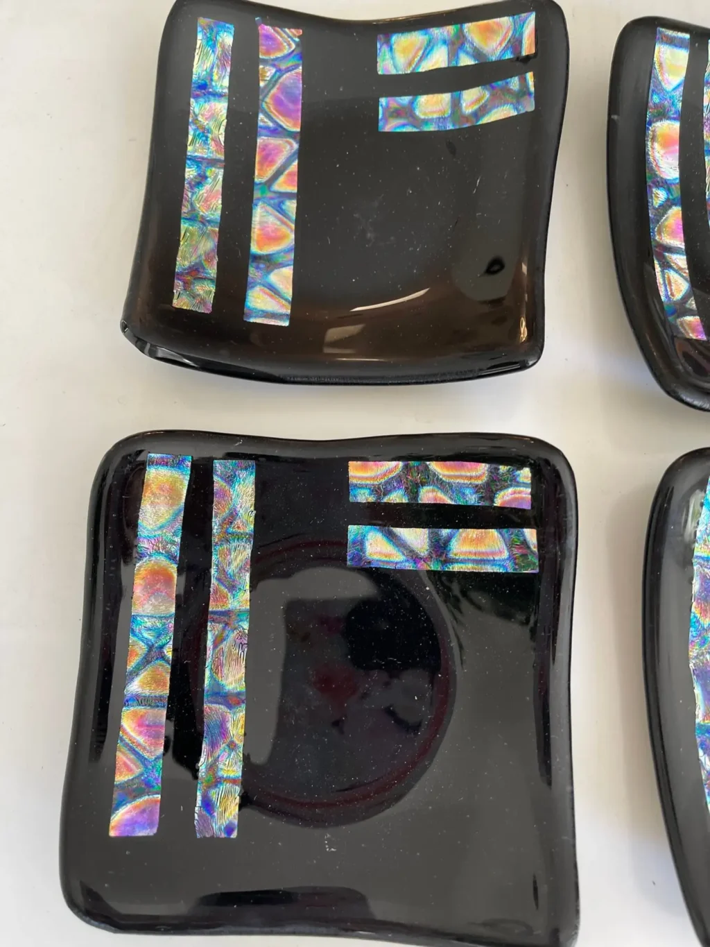 Set of 4 Dessert Dishes Black Accented with Dichroic Glass – size 5″ x 5″ each - Fused Glass