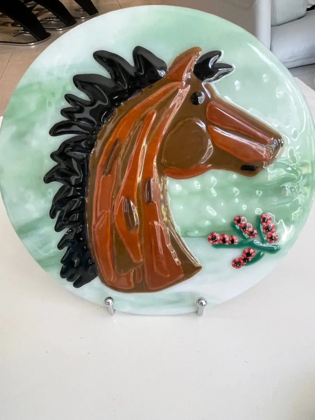 Horse Profile on a Green Background 9″ - Fused Glass