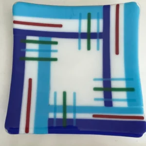 White Plate with Blue, Red, and Green Stripes 12″ x 12″ - Fused Glass