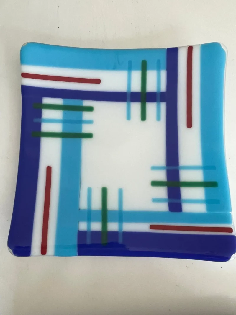 White Plate with Blue, Red, and Green Stripes 12″ x 12″ - Fused Glass