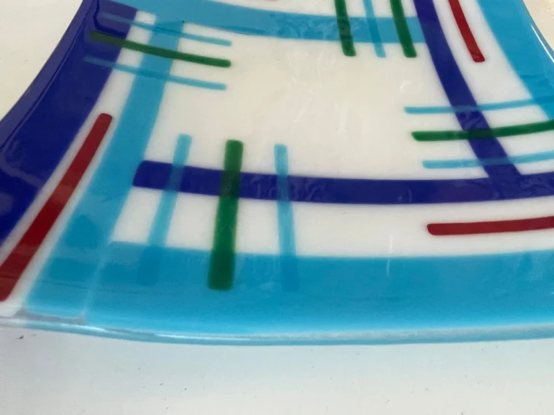 White Plate with Blue, Red, and Green Stripes 12" x 12" - Image 2