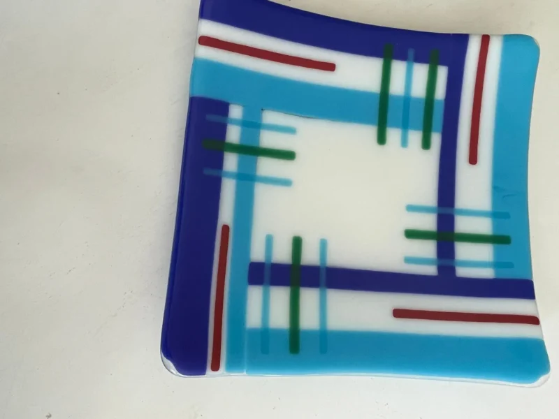 White Plate with Blue, Red, and Green Stripes 12" x 12" - Image 3