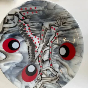 Black, White, Grey, and Red Bowl 15″ - Fused Glass