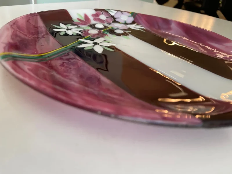 Cranberry Tray with White and Swirled Glass 12″ Circle Tray - Fused Glass