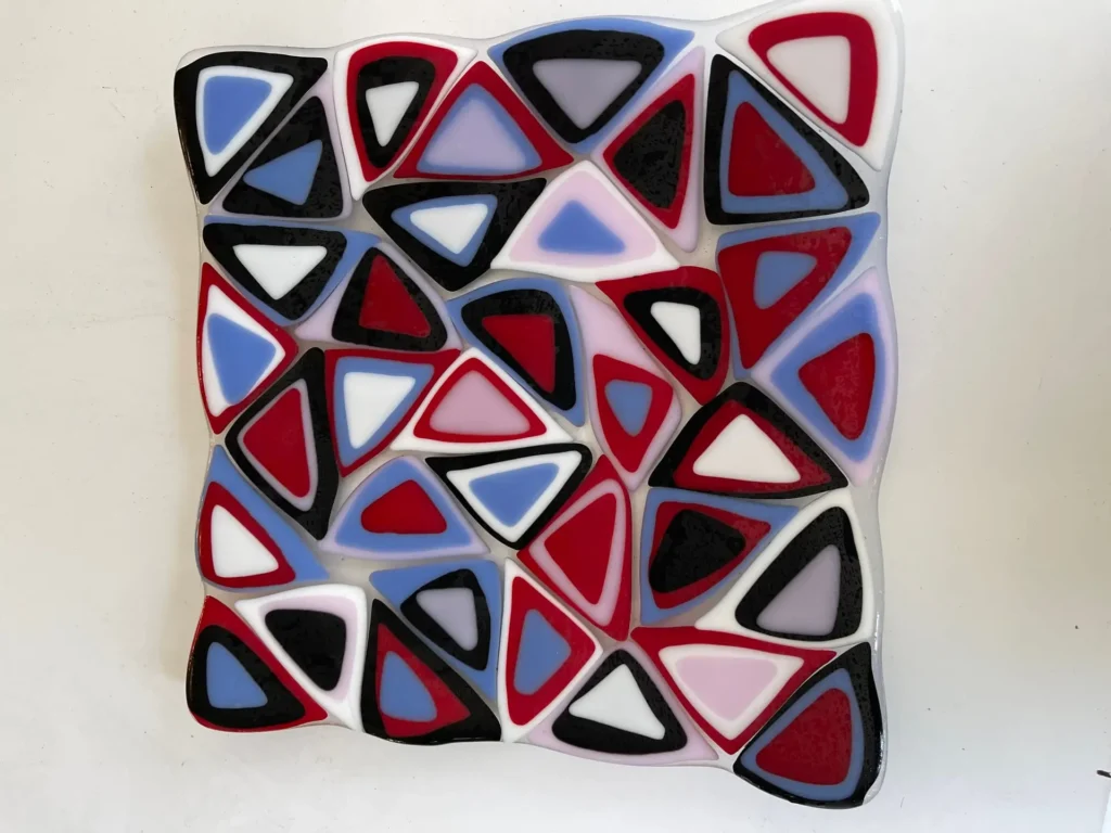 10″ Square Plate – Blue, Purple, Pink, Red, and White Triangles - Fused Glass