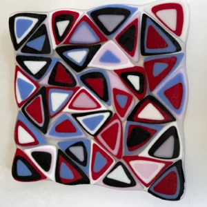 10″ Square Plate – Blue, Purple, Pink, Red, and White Triangles - Fused Glass