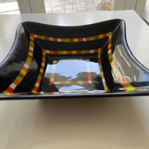 11″ x 11″ Square Bowl Black with Colorful Strips - Fused Glass