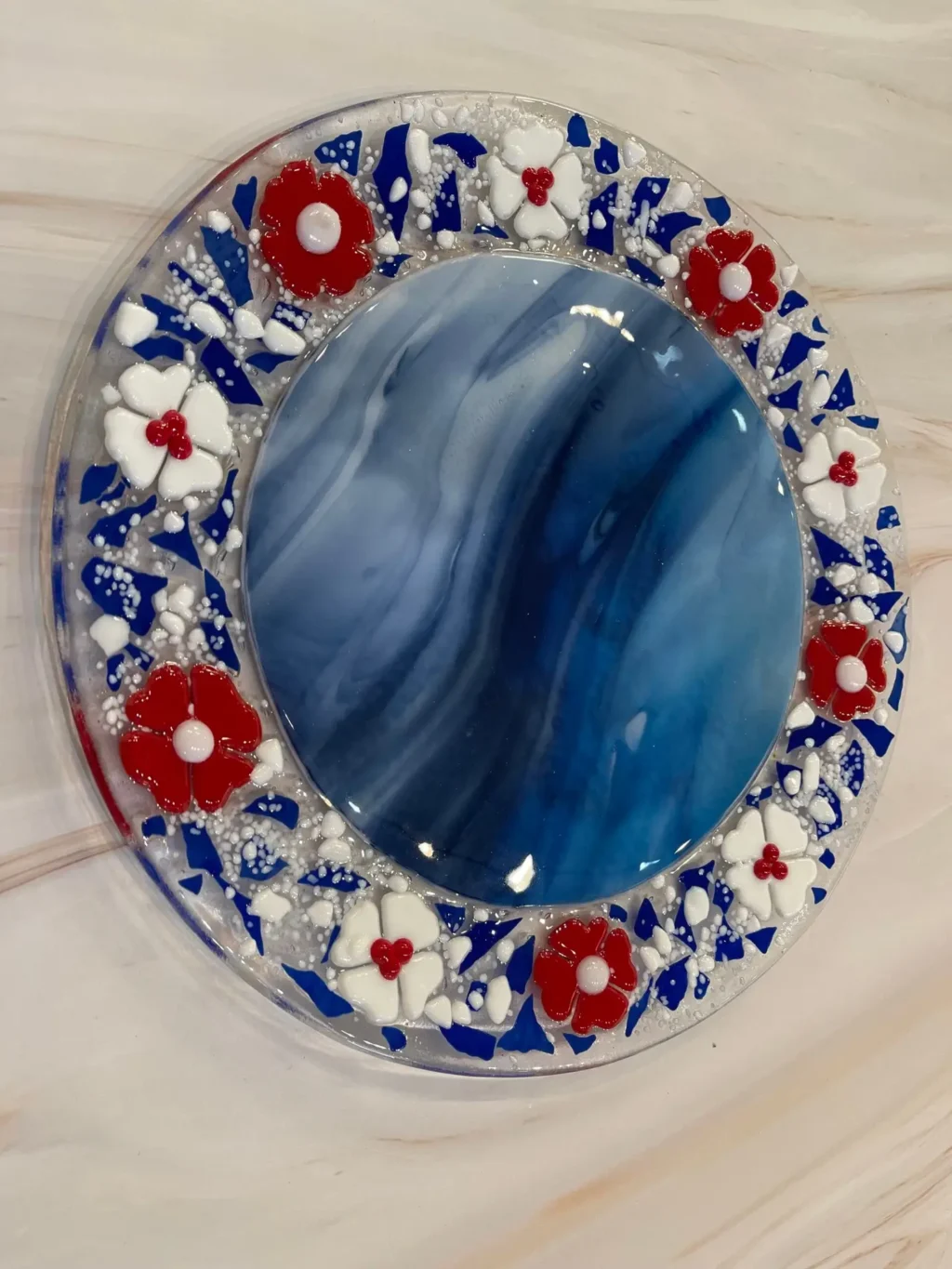 Bright and Cheerful Blue Plate with Red and White Flower Border - Fused Glass