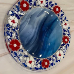 Bright and Cheerful Blue Plate with Red and White Flower Border - Fused Glass