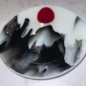 Black and White Dramatic 9″ Plate with a Red Moon - Fused Glass