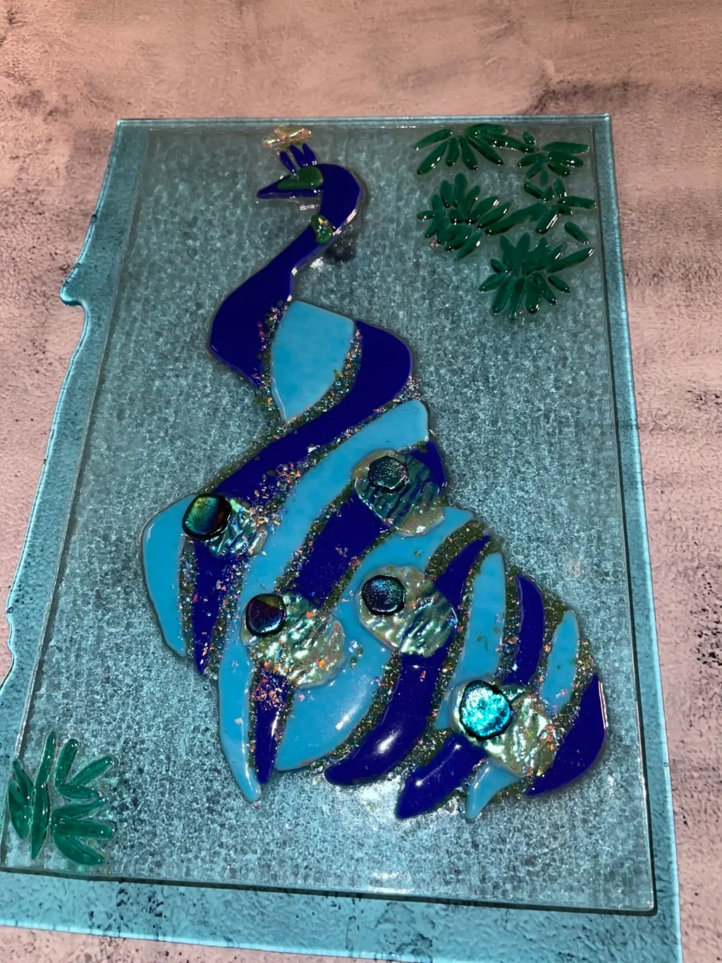 Blue Peacock Wall Art 9 1/2″ x 14″ - Fused Glass