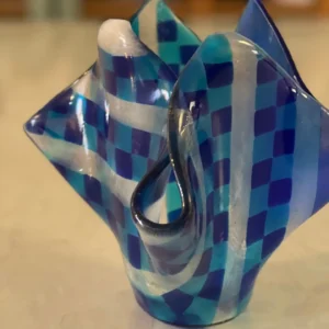 Blue and White Vase 7″ tall, 4″ wide at the top and a 2″ circle base - Fused Glass