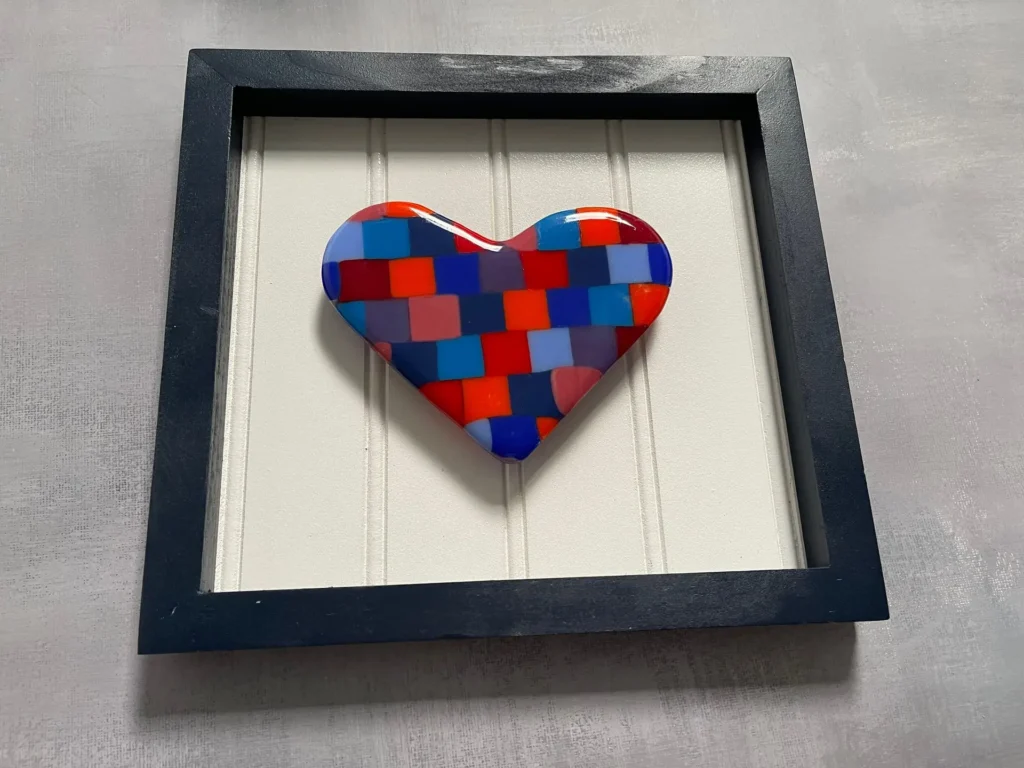 Framed Checkered Heart 9-1/2″ x 9″ - Fused Glass