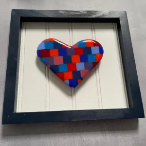 Framed Checkered Heart 9-1/2″ x 9″ - Fused Glass