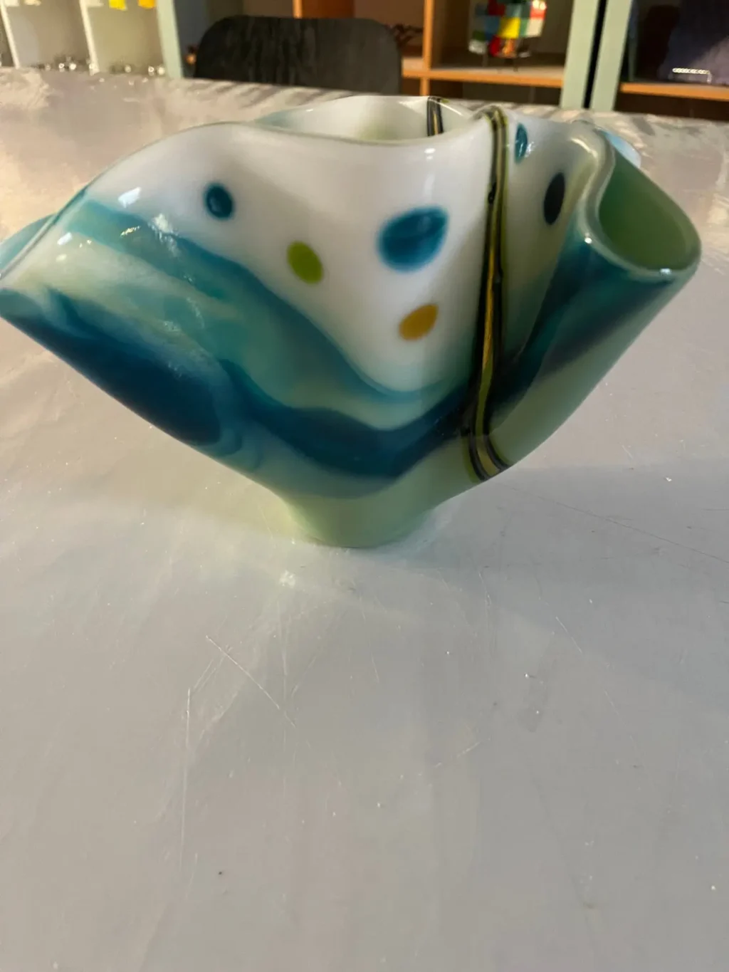 Whimsical Vase in Blue, Green and White 10" x 10" x 6" - Image 2