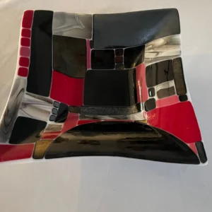 Black and Red Squared Bowl 11" x 11" - Fused Glass