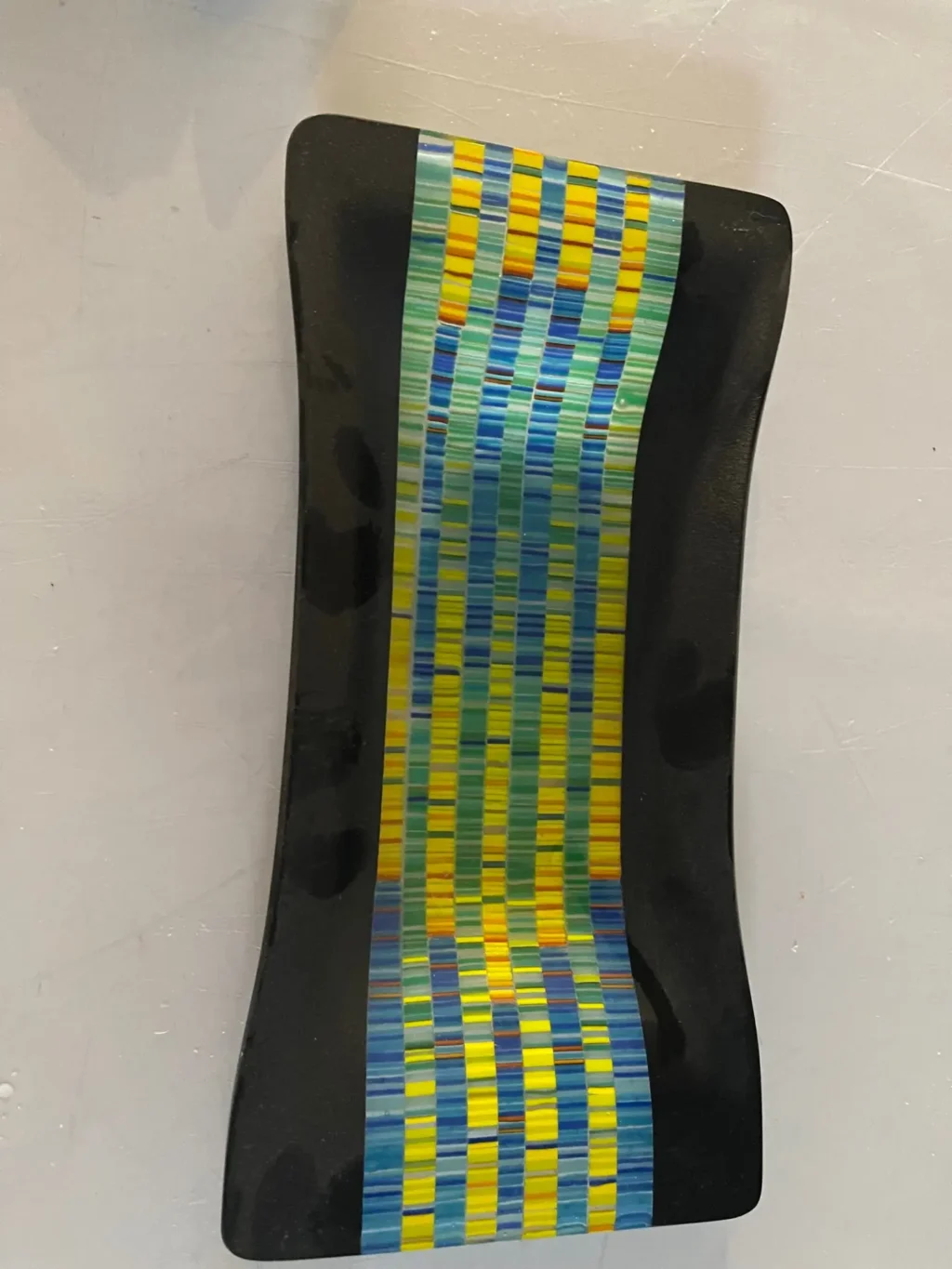 Tray – Black with Strips of Yellow, Green, Blue and Red 12″ x 6″ - Fused Glass