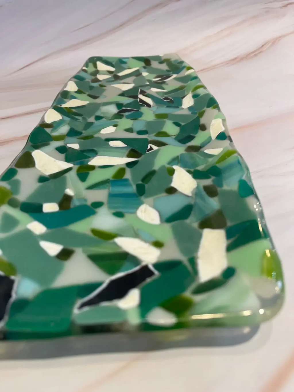 Green and Cream mosaic-style tray 16.5″ x 6.5″ - Fused Glass