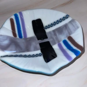 White, Black and Gray Bowl with Dusty Blue Base 8.5″ Round - Fused Glass