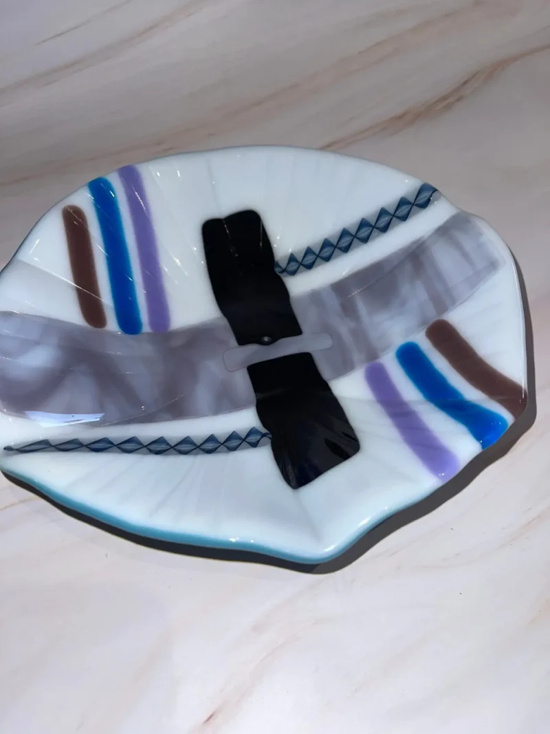 White, Black and Gray Bowl with Dusty Blue Base 8.5″ Round - Fused Glass
