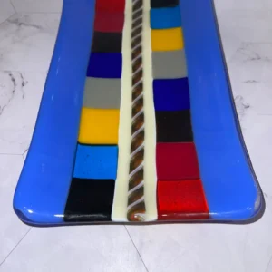 Blue tray with multi-colored squares 8″ x 4.5″ - Fused Glass