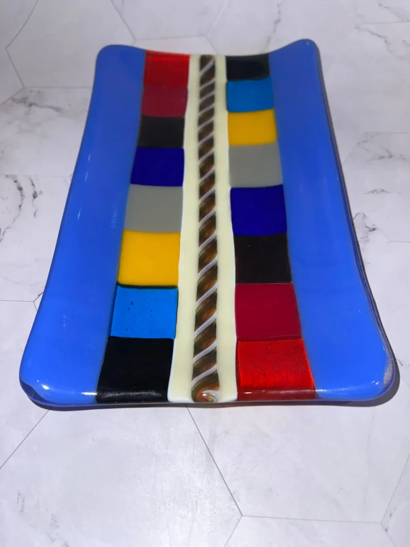 Blue tray with multi-colored squares 8″ x 4.5″ - Fused Glass